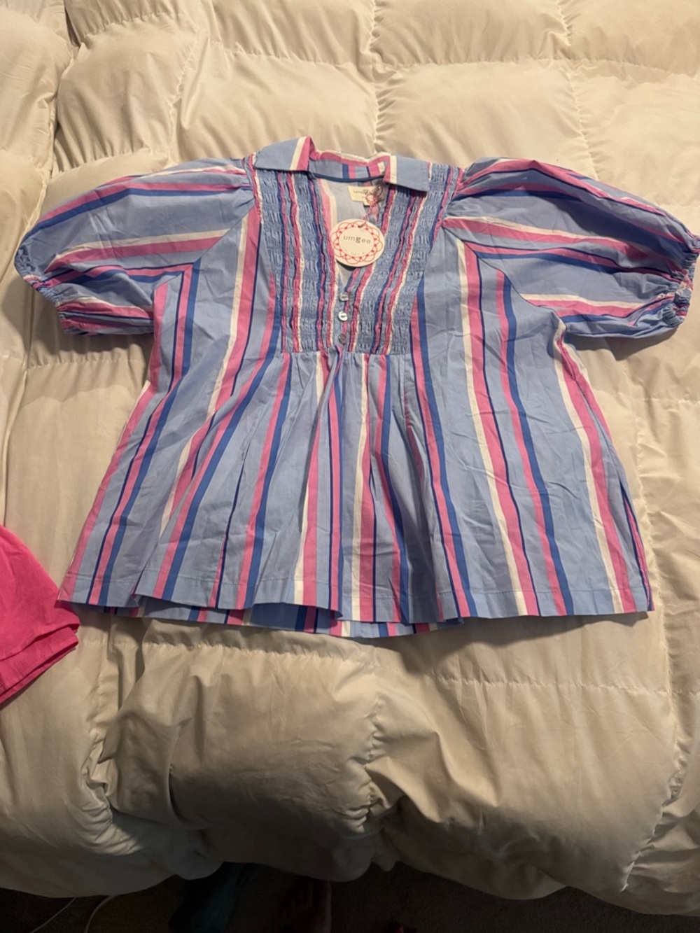 Umgee Striped Puff-Sleeve Smocked Peasant Top - Blue & Pink